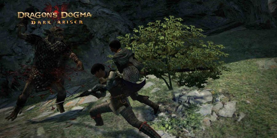 Two warriors cleaving a goblin in two in Dragon's Dogma