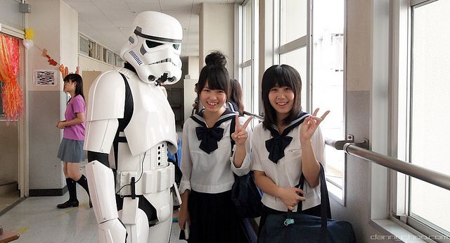 Imperial Stormtrooper with two high school girls