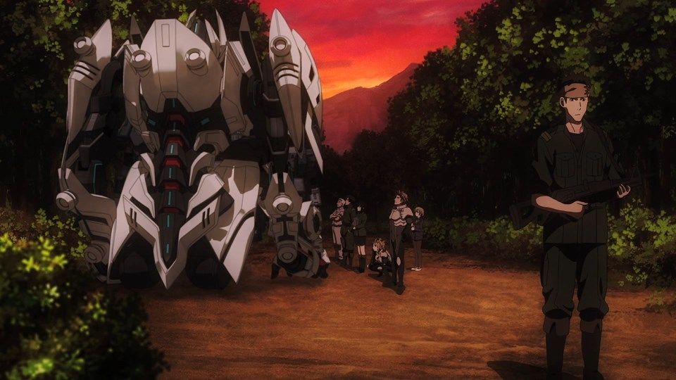 A forest trail where in the background the giant war machine Argevollen is overseen by mechanics while a soldier stands guard in the foreground