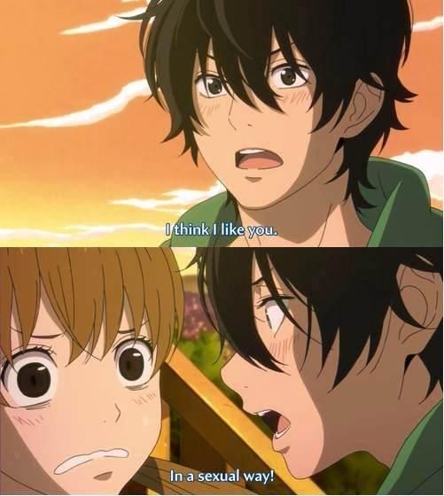 Haru confessing his feelings to Shizuku: I think I like you. In a sexual way!