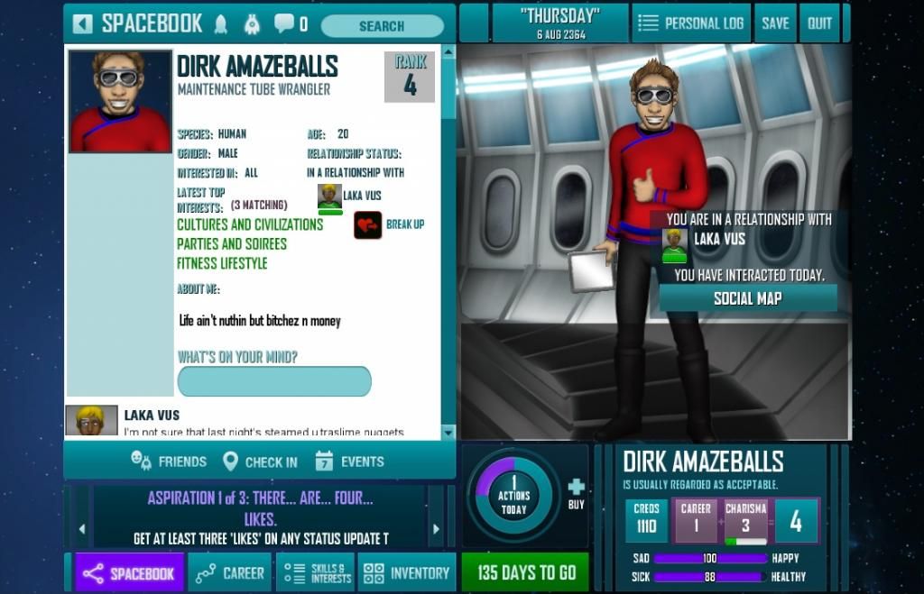 Spacebook page of Dirk Amazeballs, Maintenance Tube Wrangler