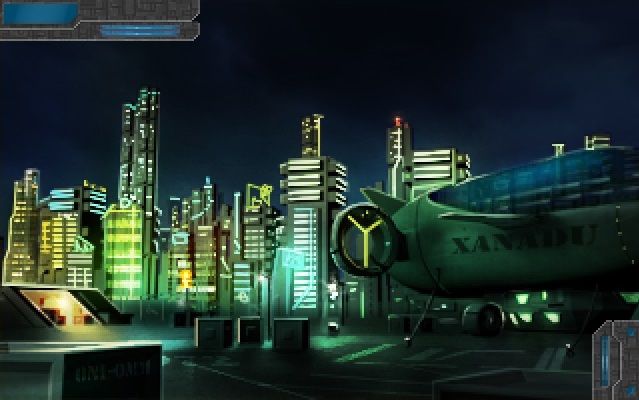 Towering skyscrapers and shining lights dominate the night sky as in the front a futuristic airship waits to take off.