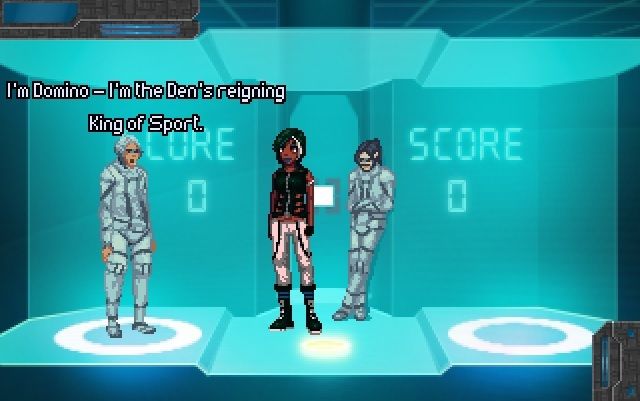 Inside a glowing virtual space stand a woman in leather punk gear and two men in futuristic sportswear, one slumped over in defeat and the other arrogantly introducing himself as Domino, the Den's reigning King of Sport.