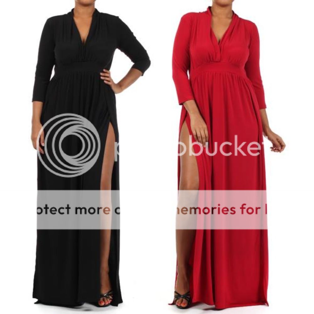 Plus Size 1x 2X 3X Dress Womens Long Sleeve Solid Double Slit Thigh Maxi V Neck