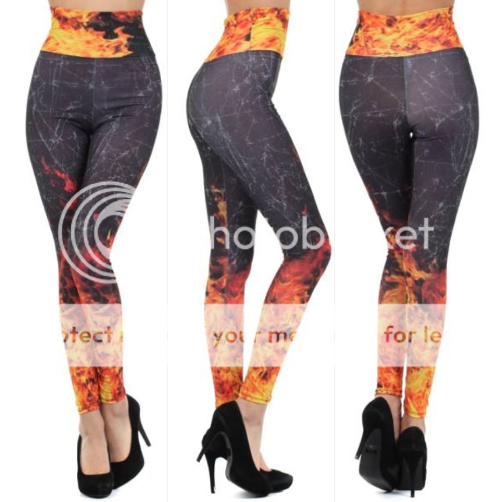 S M L Leggings High Waist Sublimation Flame Fire Print Stretch Skinny Pants New