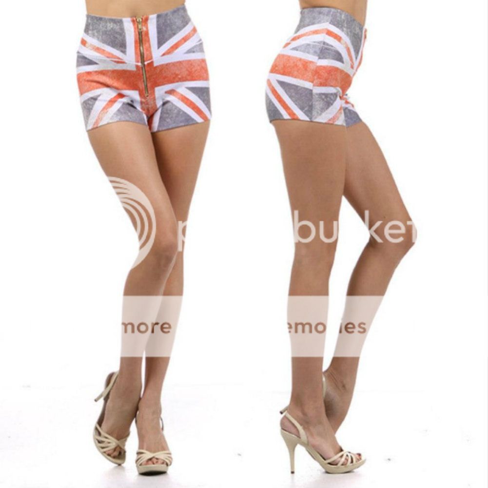 S M L Shorts High Waist Booty Union Jack British Flag Punk Distressed Zipper Hot