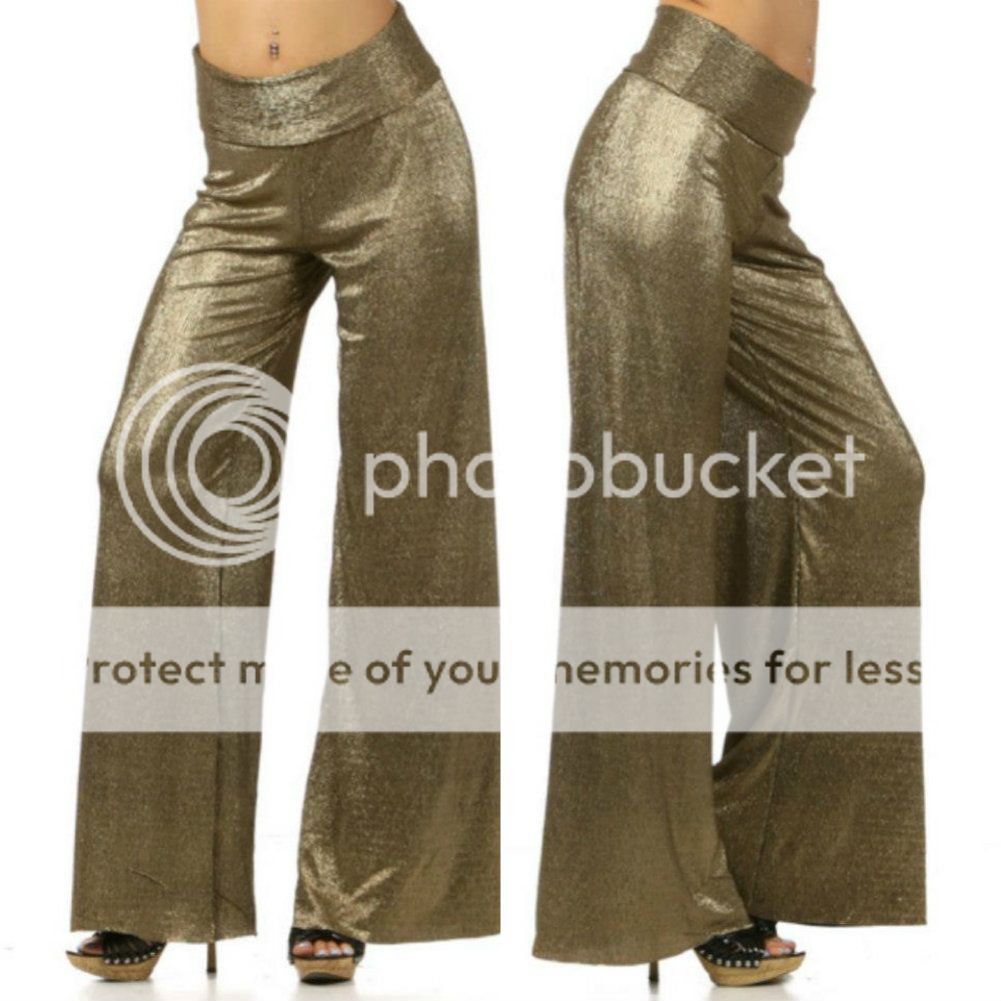 Womens s M L Pants Wide Leg Metallic Shimmer Gold Crepe Palazzo Stretch Sexy New